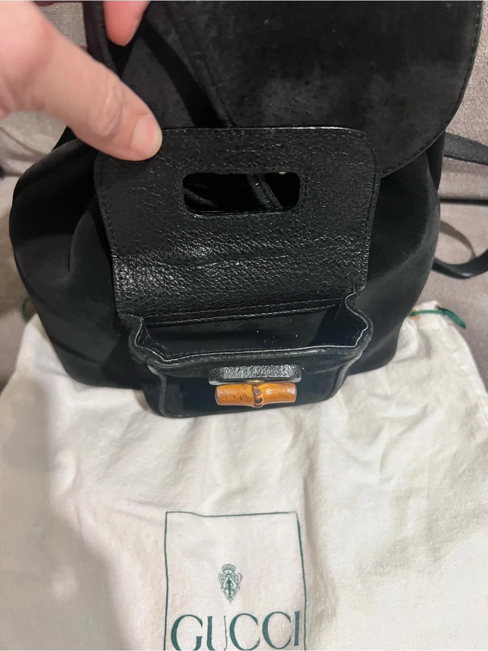 Gucci Black Suede & Leather Bamboo-Handle Drawstring Backpack